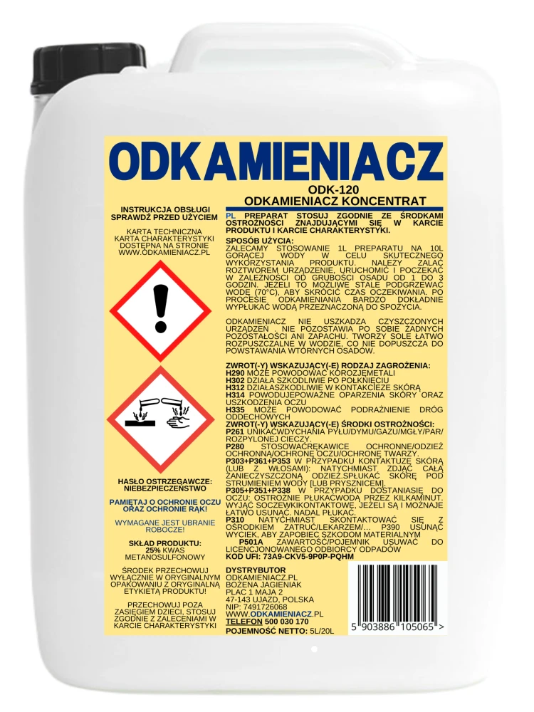 Odkamieniacz w płynie do urządzeń sanitarnych, wanny z hydromasażem, zakłady opieki zdrowotnej 20L